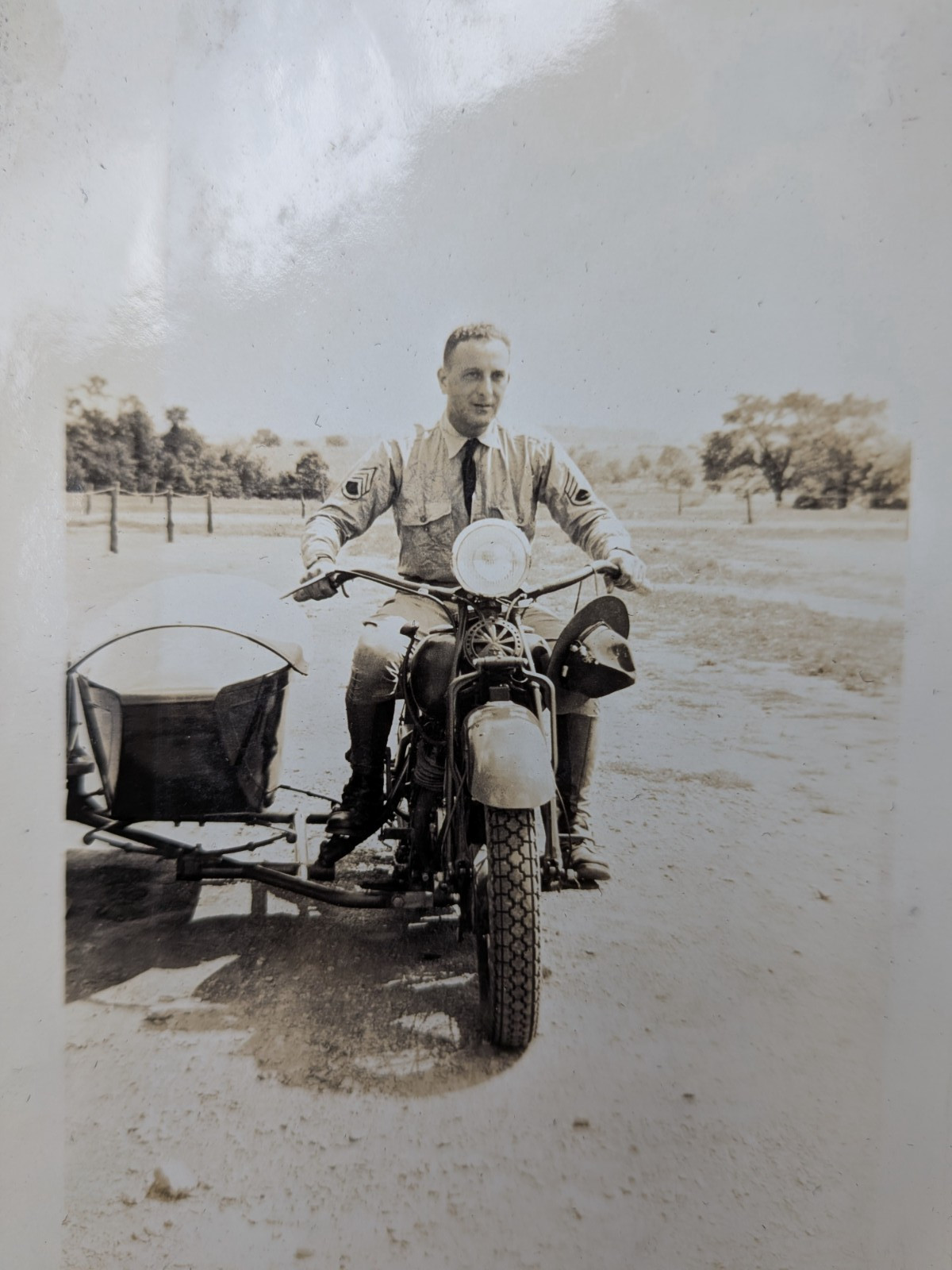 WWII ? soldier on Harley Davidson sidecar motorcycle photo photograph