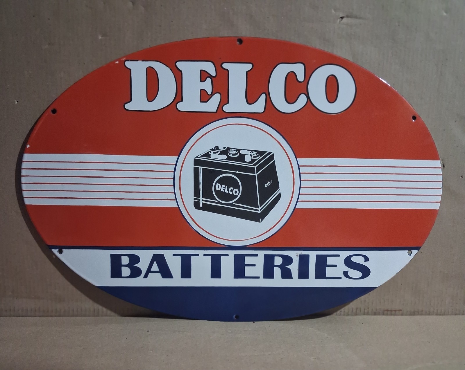 Delco Batteries Porcelain Enamel Sign  24 x 16 Inches 1 Sided