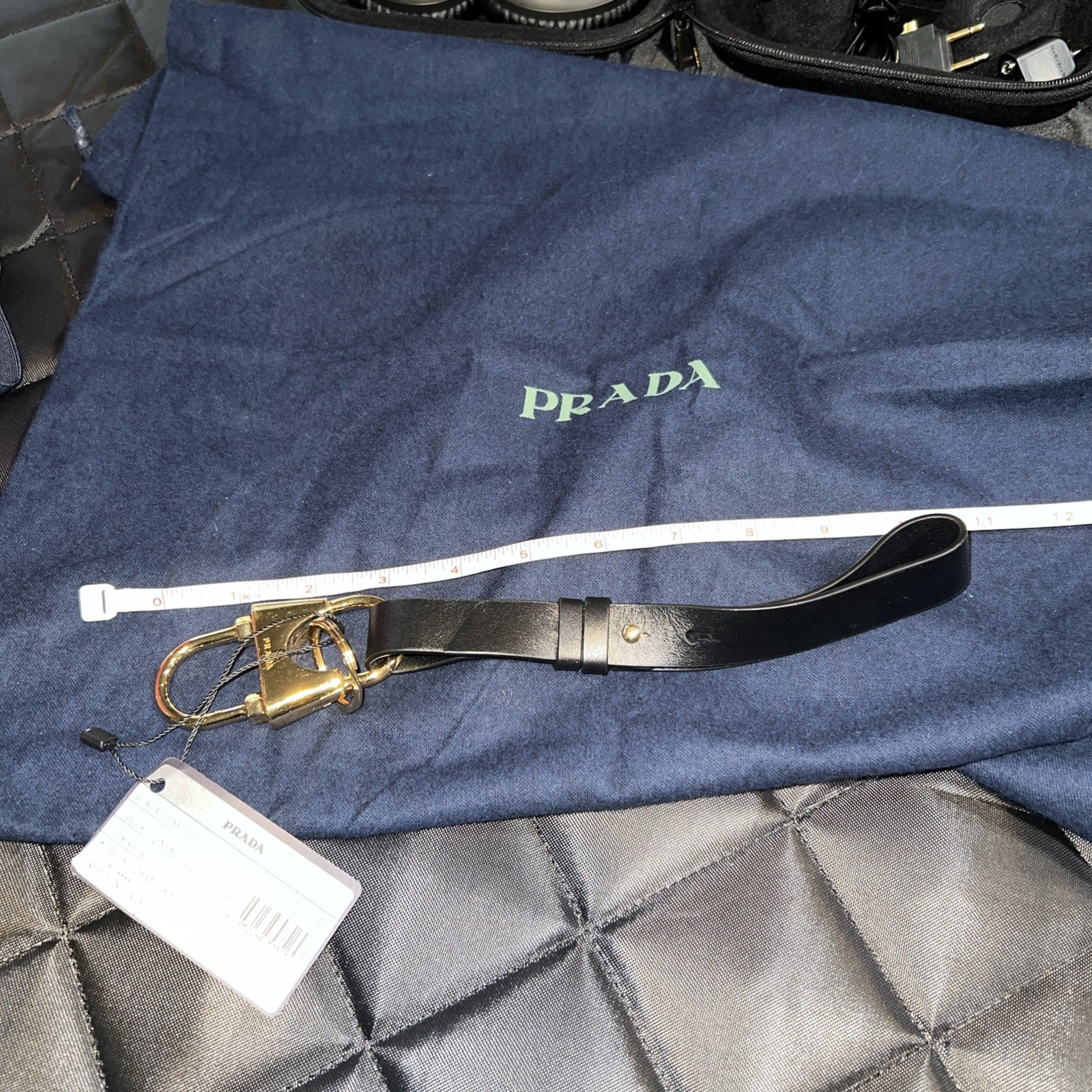 Prada Leather Strap Key Ring Keychain Toggle Black Gold Hardware