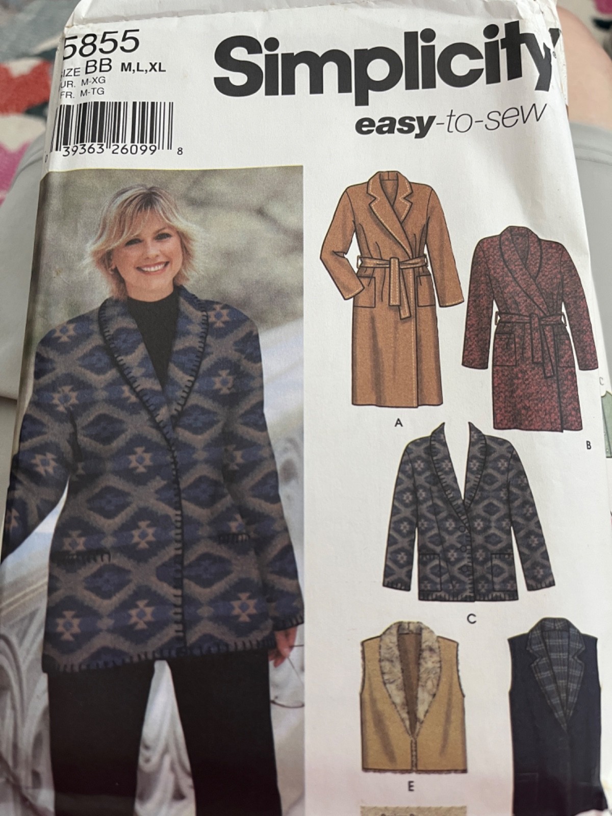 Simplicity pattern 5855 misses' coat or jacket & vest - size BB M, L, XL - uncut