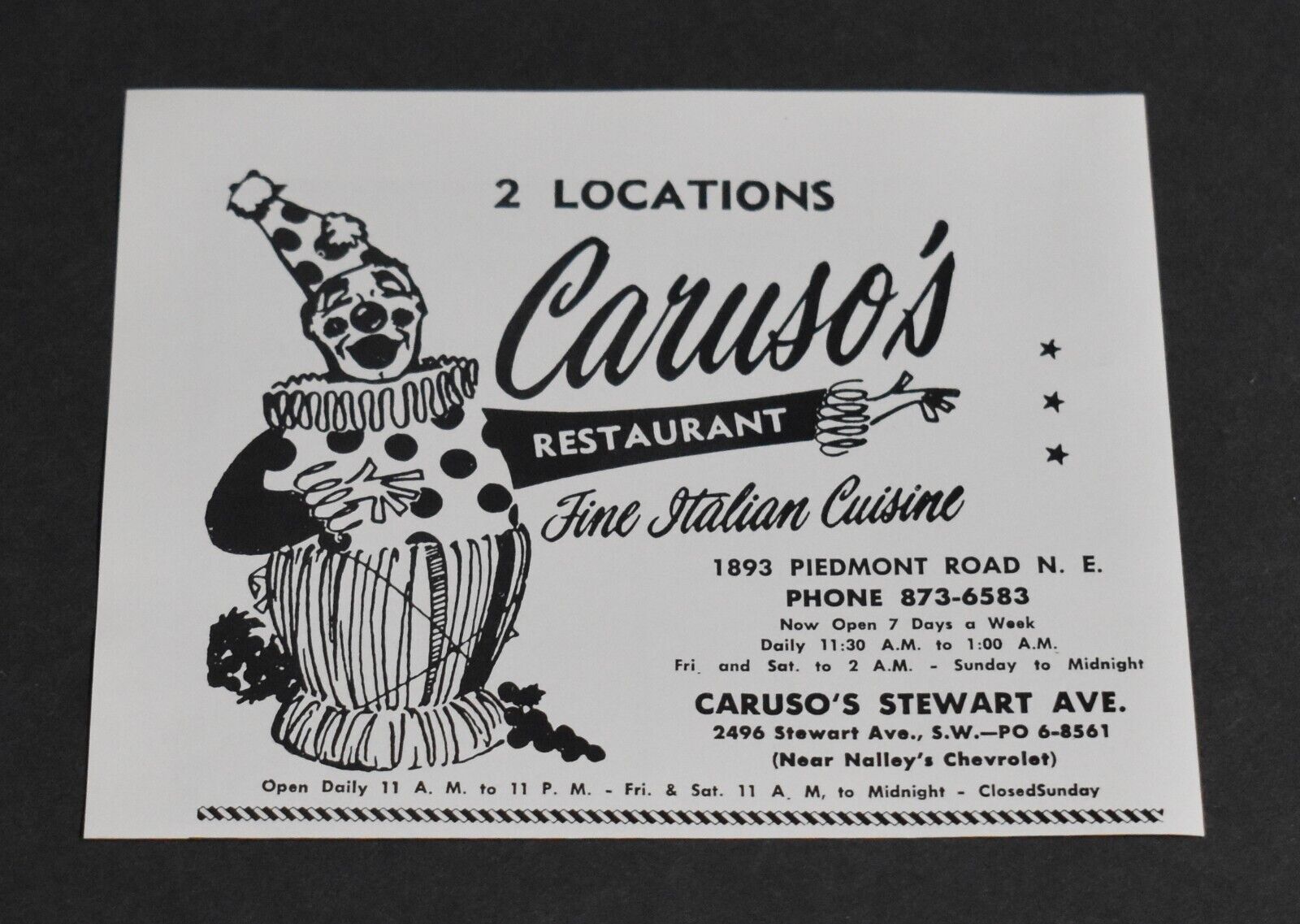 1966 Print Ad Georgia Atlanta Caruso\'s Restaurant Fine Italian Cuisine Art 2 loc