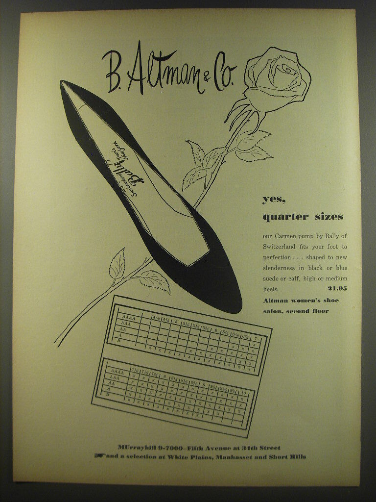 1956 B. Altman & Co. Bally of Switzerland Carmen Pump Shoes Advertisement