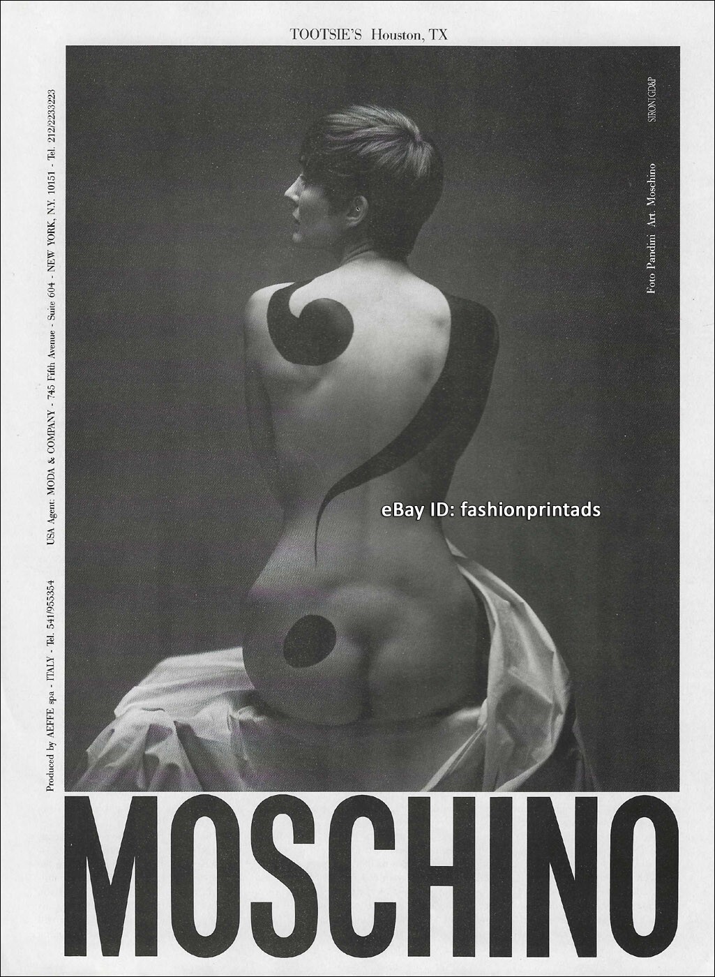 vintage MOSCHINO 1-Page PRINT AD 1990 woman back butt MAN RAY Le Violon d'Ingres