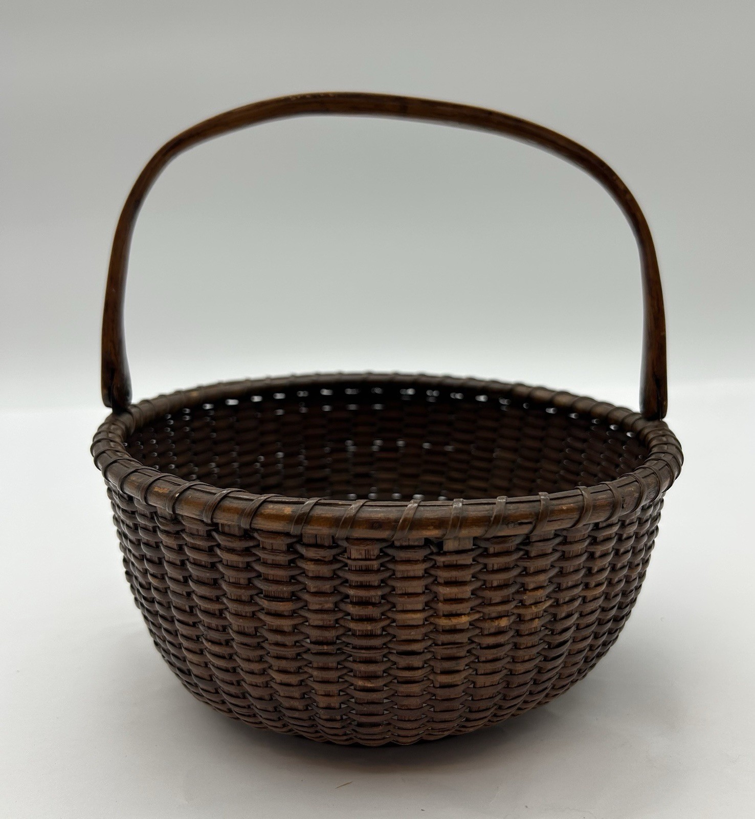 Antique Early Nantucket Lightship Basket with Swing Handle and Label On Bottom