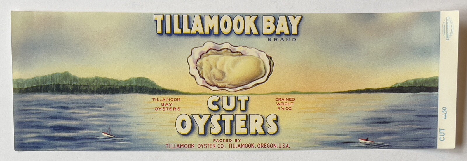 VINTAGE TILLAMOOK BAY BRAND COMPANY CUT OYSTERS OREGON, U.S. 4.5oz CAN LABEL
