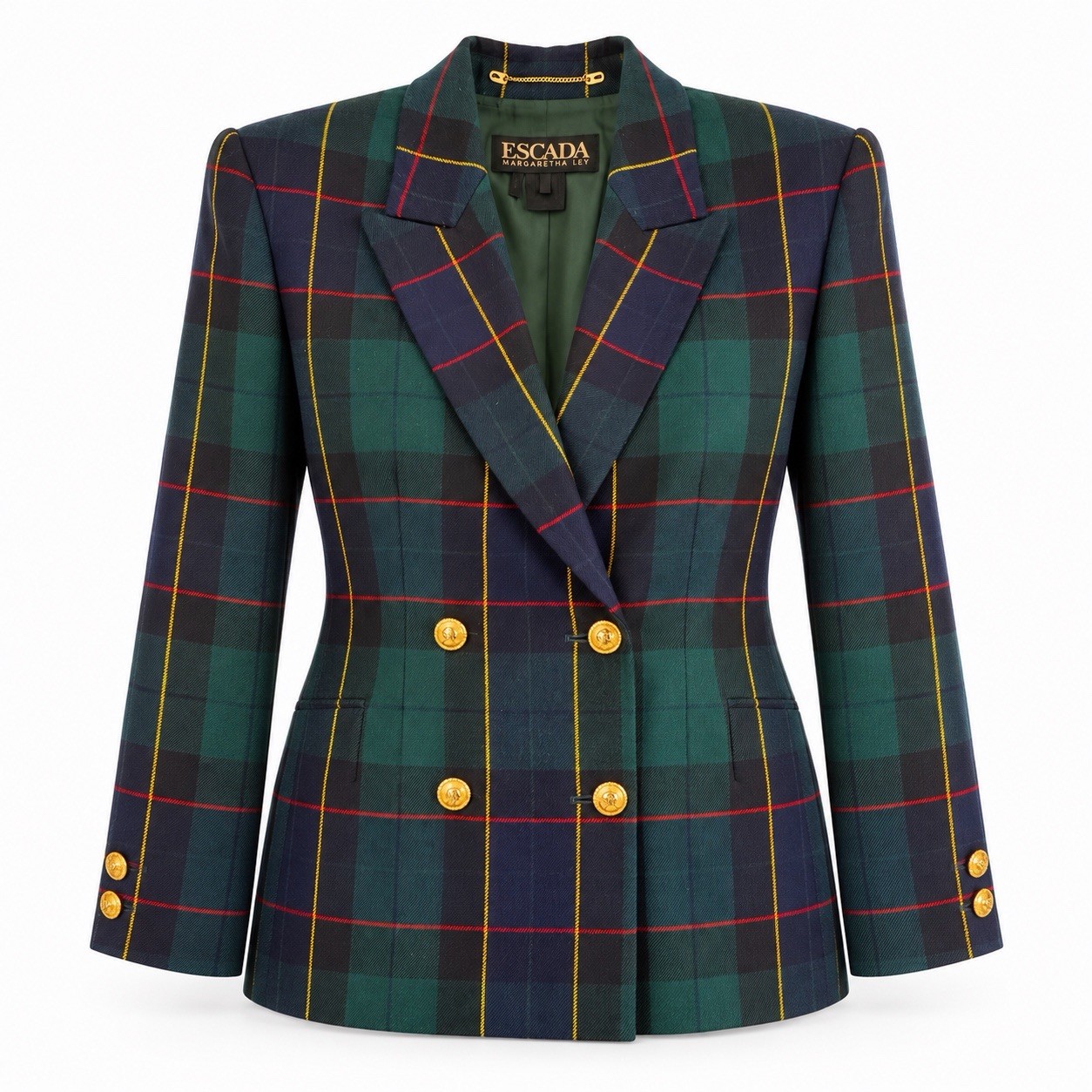 Vintage Escada Margaretha Ley Blazer Blue Green Plaid Gold Carriage Buttons Sz M