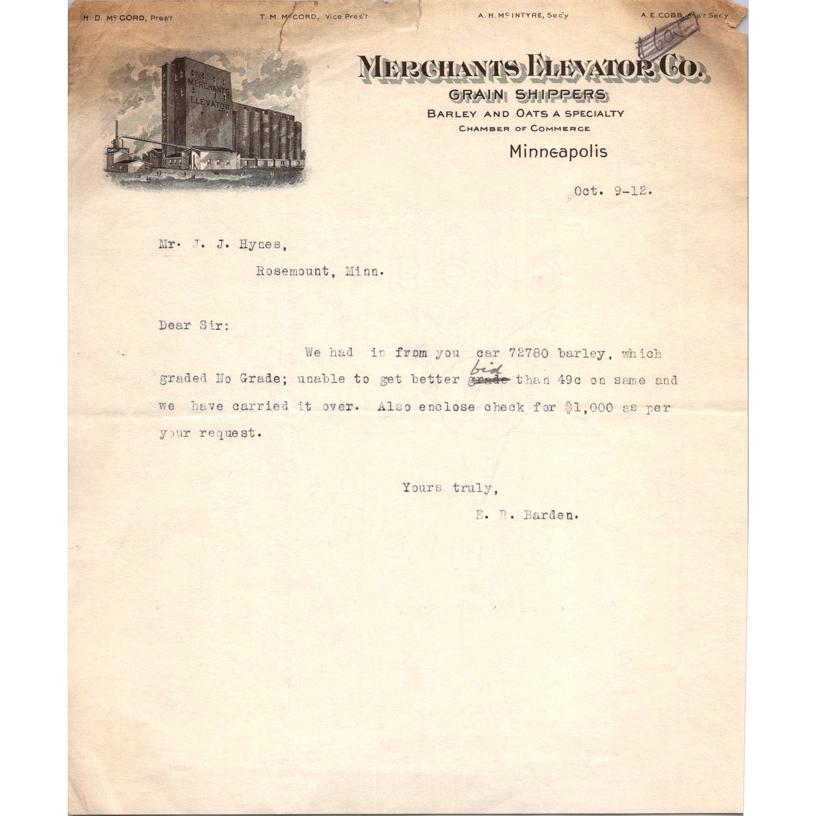 Merchants Elevator Co. 1912 T. M. McCord Minneapolis MN Letterhead Billhead SK2