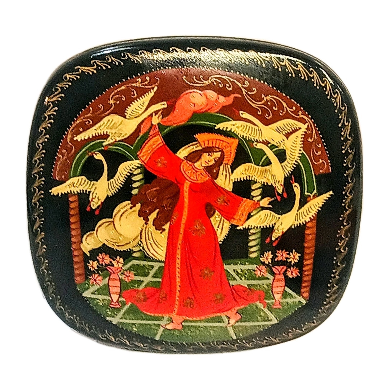 Vintage Russian Palekh/Fedoskino Box E.F.L. 1988 Hand-Painted Swan Scene
