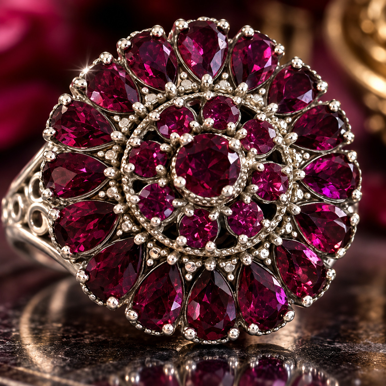 STS 925 Sterling Silver Red Garnet Style Cluster Cocktail Ring Size 8.25 9.7g