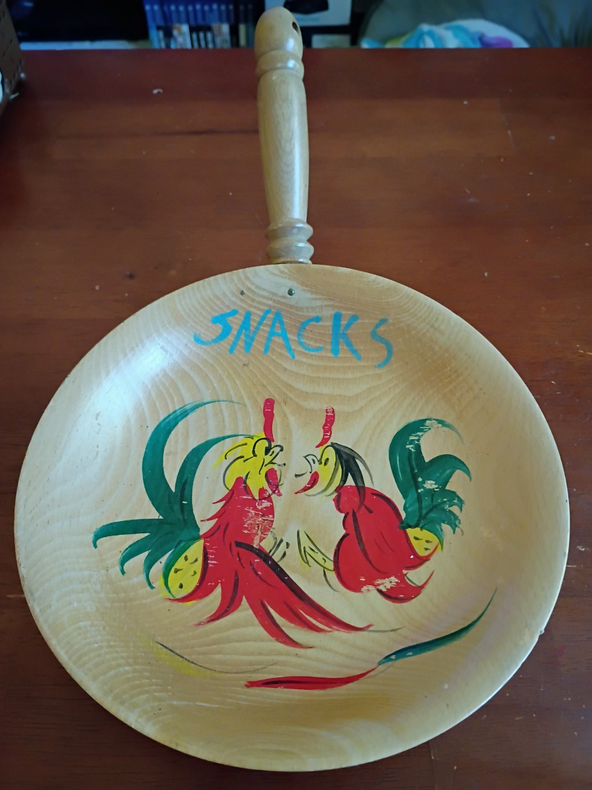 VTG  Mid Century Wooden Handled Snack Bowl Decor Roosters Fighting Made in Japan