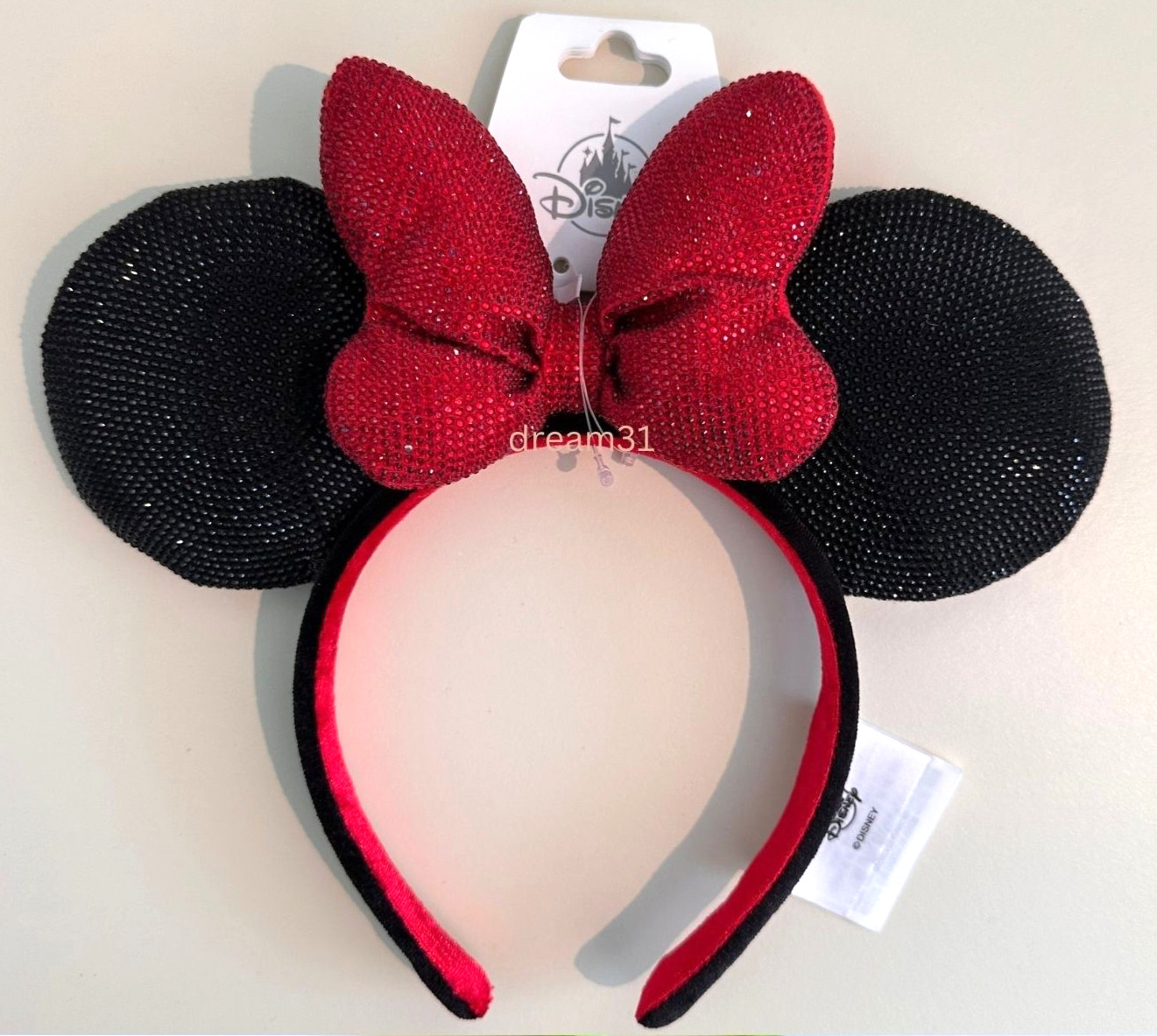 BNWT Disney Minnie Mouse Black Rhinestone Bling Black with Red Bow Ears Headband