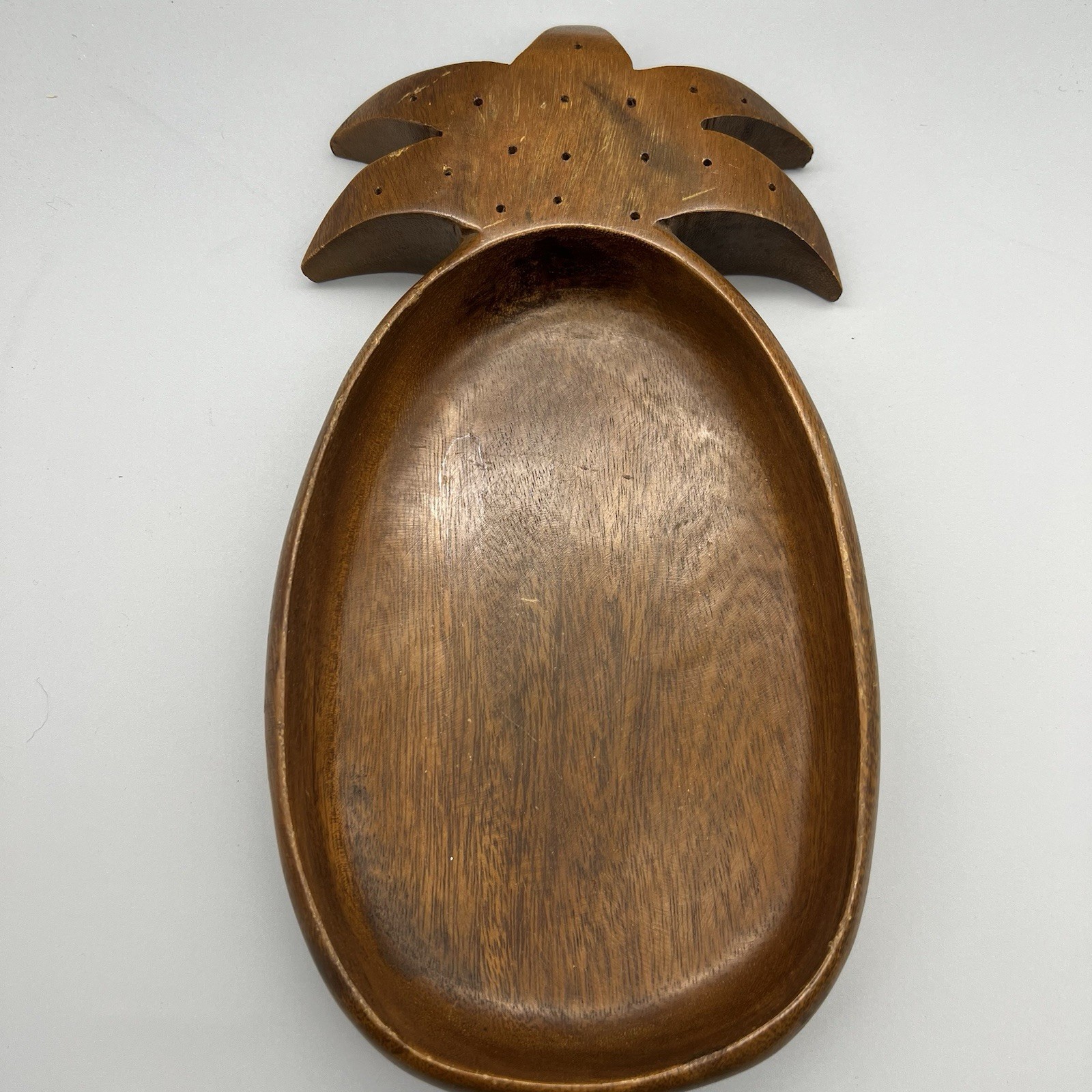 Vintage Hand Carved Monkey Pod Wood Pineapple Bowl Party Tray 12” Ka-Lae Ltd.