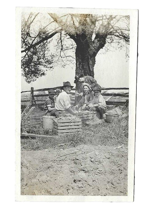 VTG B&W Photo Children Man Sitting Outside on Crates Western Farm Life
