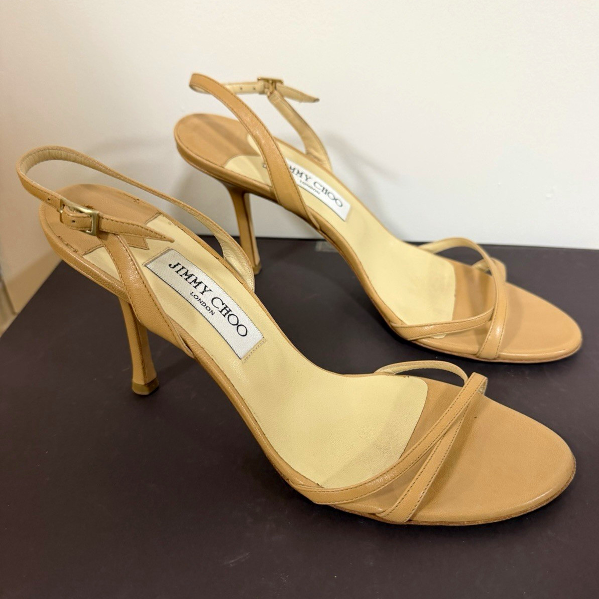 Jimmy Choo Beige Leather Strappy Ankle Strap Stiletto Open Toe Heels 9.5