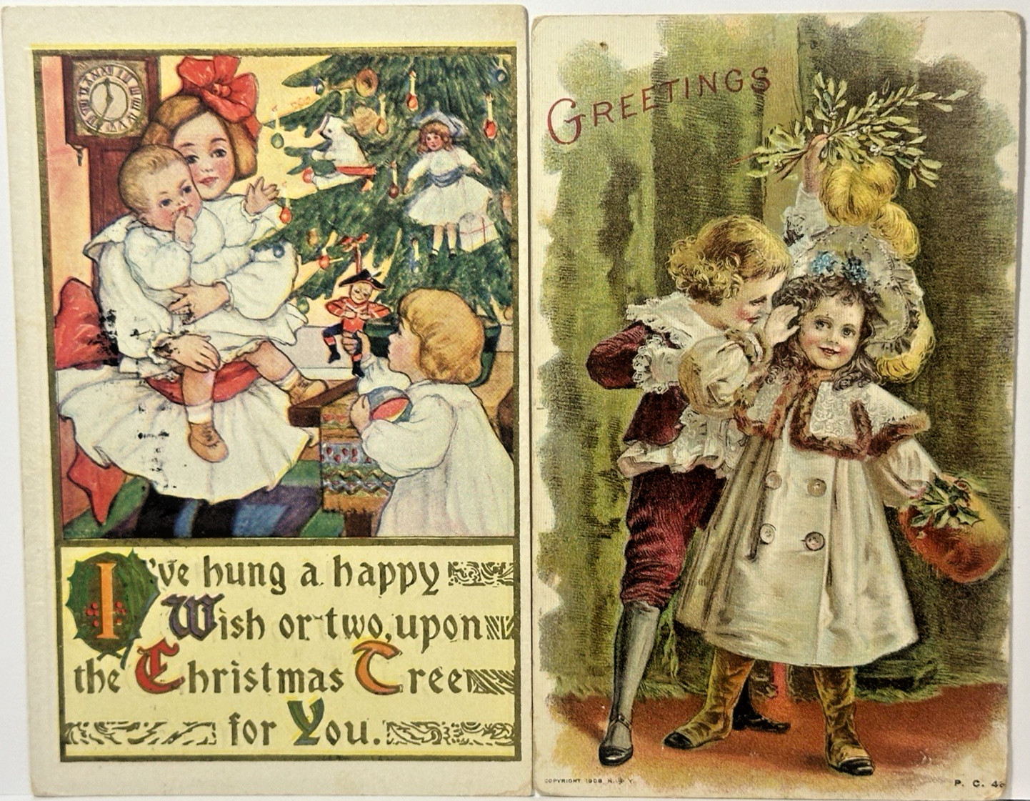 Christmas Postcard Children Boy Holds Mistletoe Baby Girl Excited Toys Lot 2 Christmas Postcard Children Boy Holds Mistletoe Baby Girl Excited Toys Lot 2