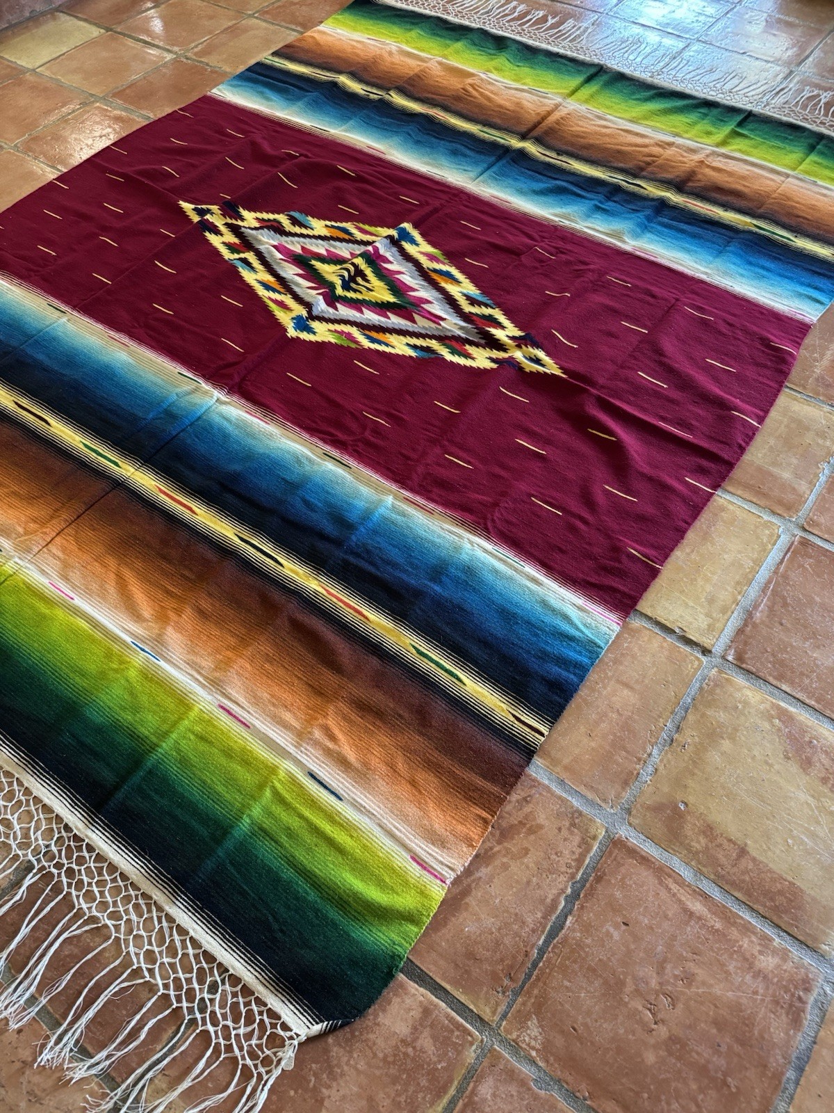 Vintage 1930s 40s Mexican Saltillo Serape 89 X 66 Wool Blanket Weaving Textile