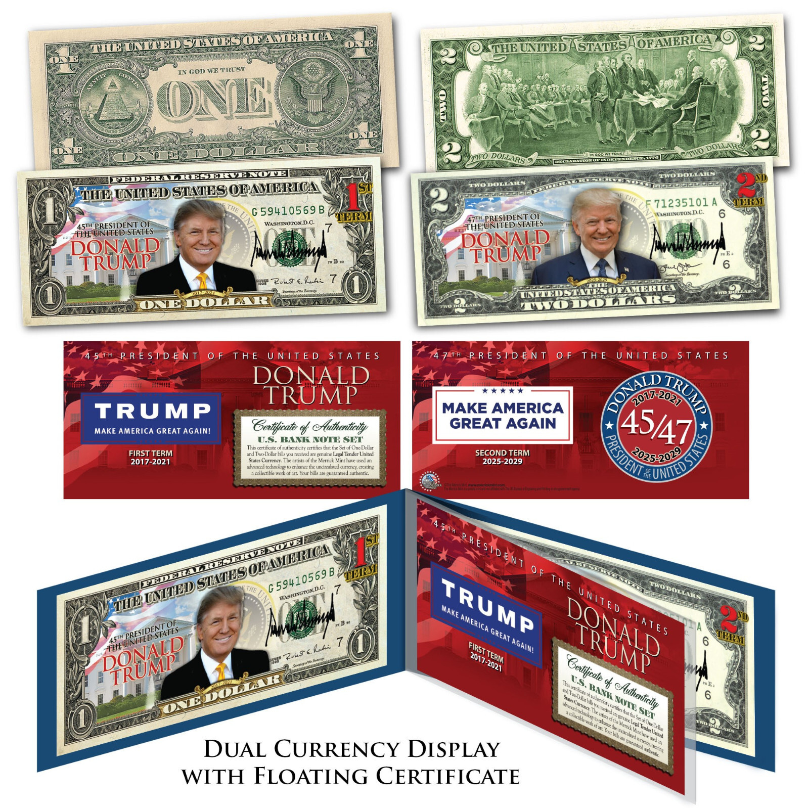 DONALD TRUMP 45/47 Genuine $1 Bill & $2 Bill Set Tri-Fold Display with Dual Cert