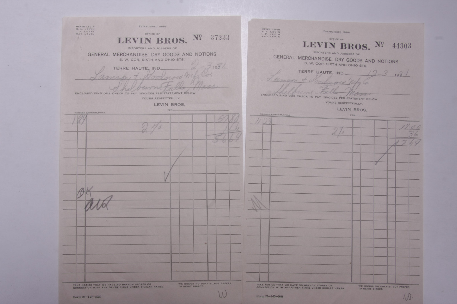 1931 Lamson Goodnow Levin Bros Terre Haute IN Ephemera L687H