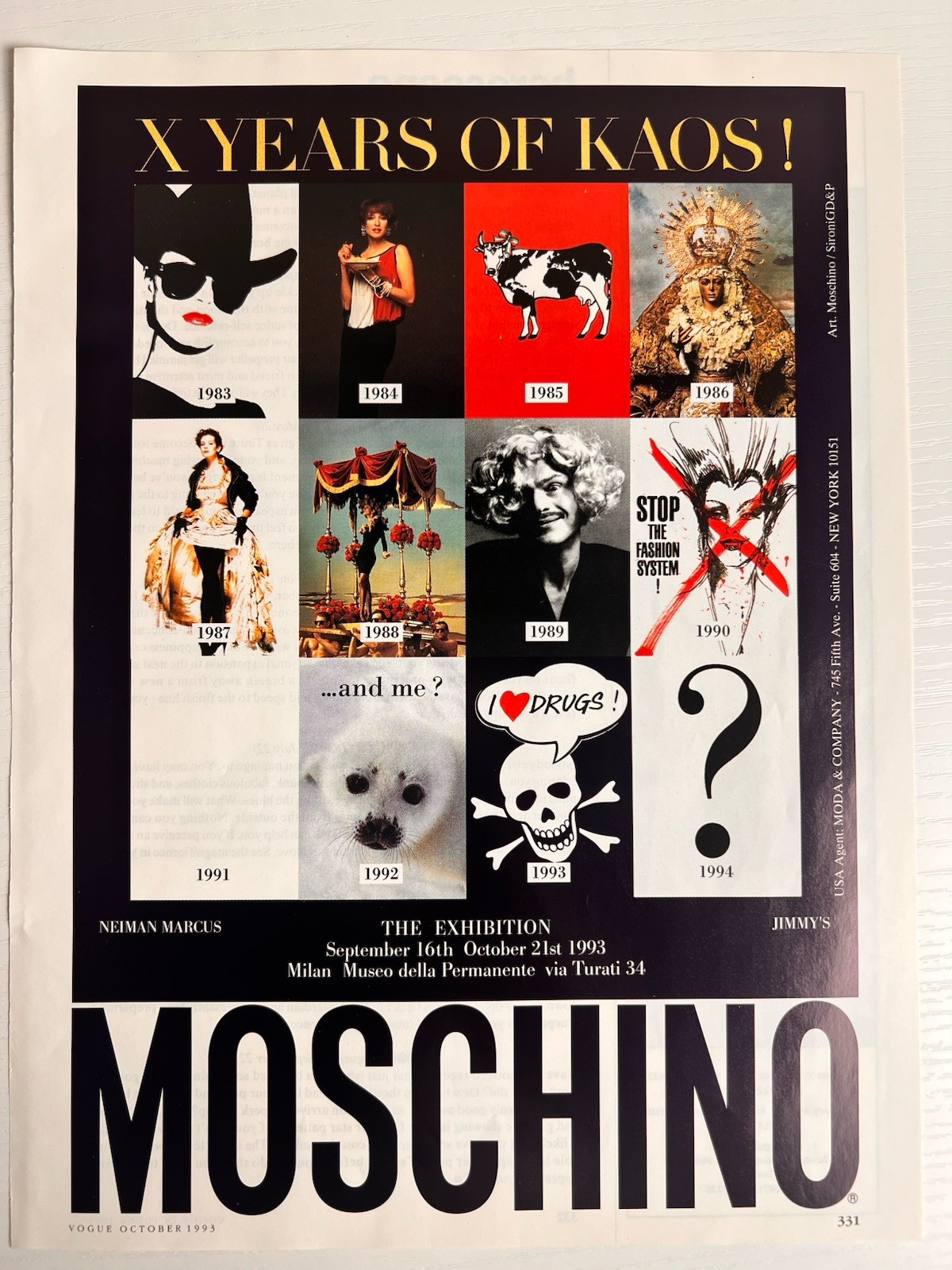 Moschino Print Ad Vogue October 1993 X Years of Kaos Milan Exhibition