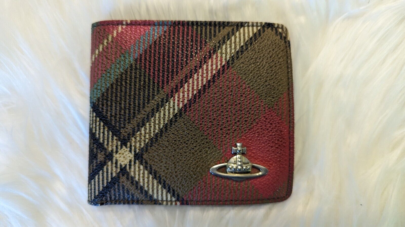 Vivienne Westwood Tiny Orb Bifold Wallet Plaid Leather Italy great condition