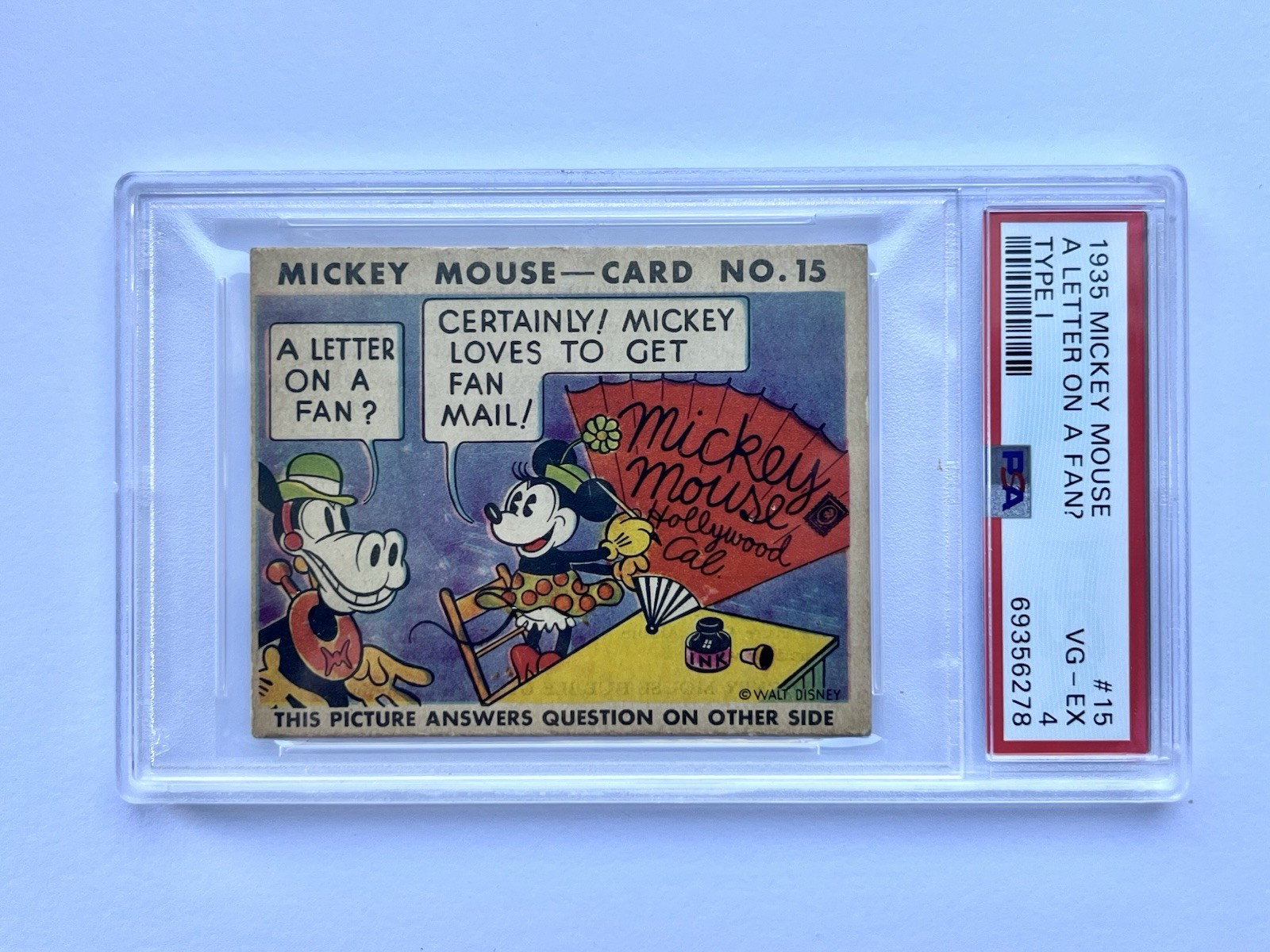 1935 Mickey Mouse Gum Card R89 TYPE 1 ULTRA RARE - PSA 4 - Letter On A Fan