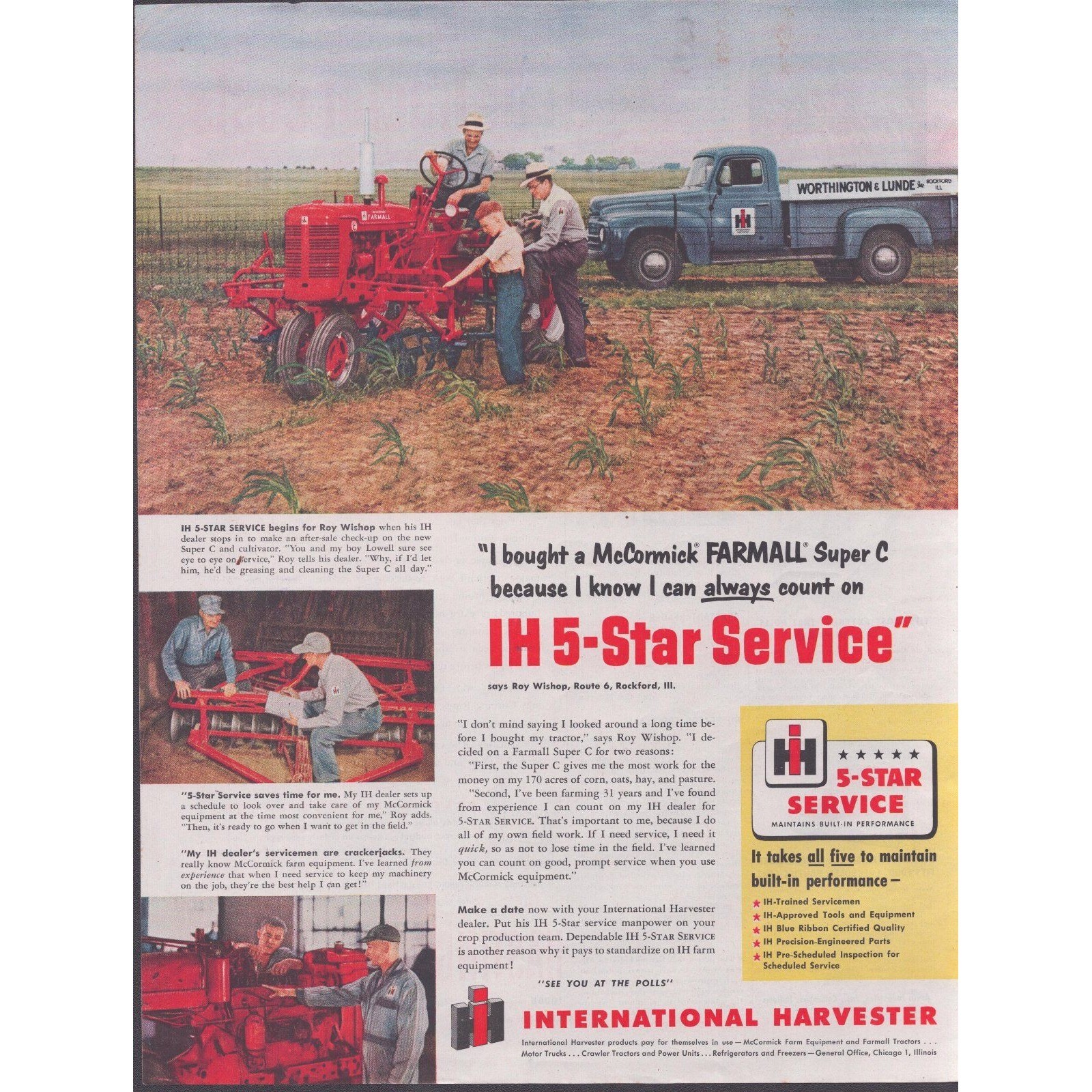 1951 International Harvester Farmall Super C Tractor IH 5-Star Service Print Ad