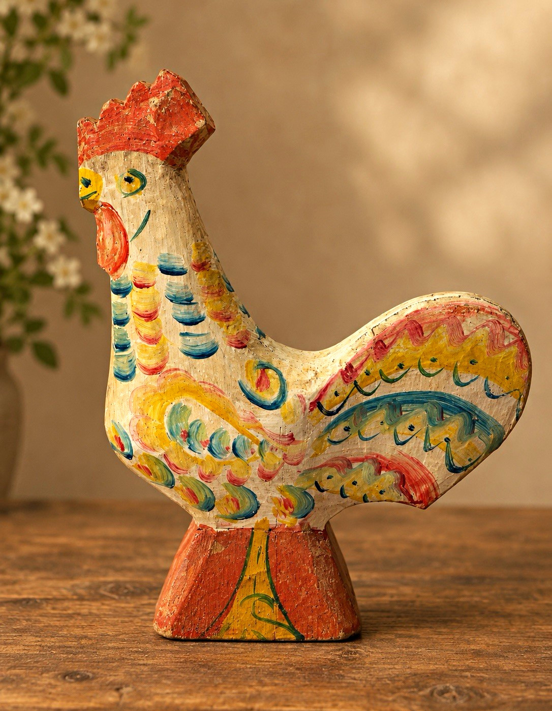 Vintage Hand-Painted Swedish Wooden white Rooster Figurine, Made in Sweden