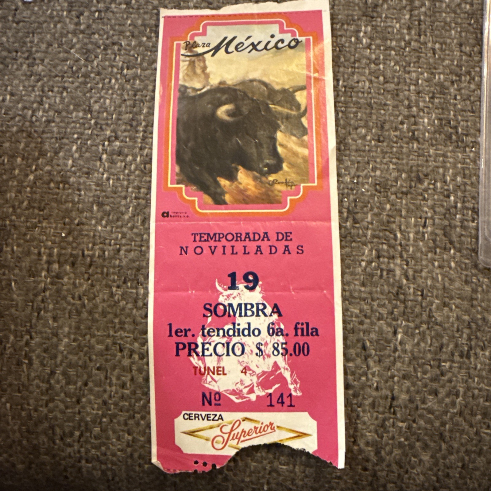 Vintage Plaza Mexico Bullfight Ticket Novilladas Cerveza Superior Advertising