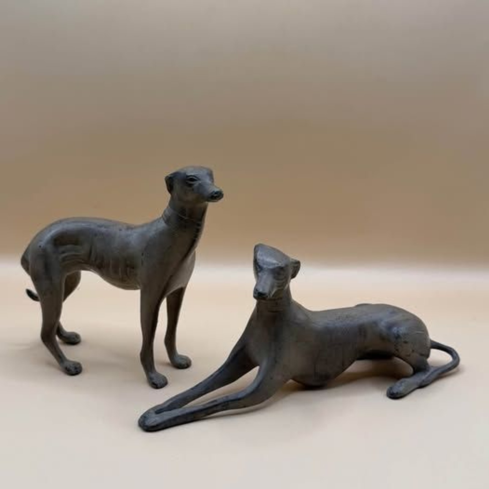 Vintage Mid-Century Modern Cast Metal Greyhound / Whippet Figurine Pair