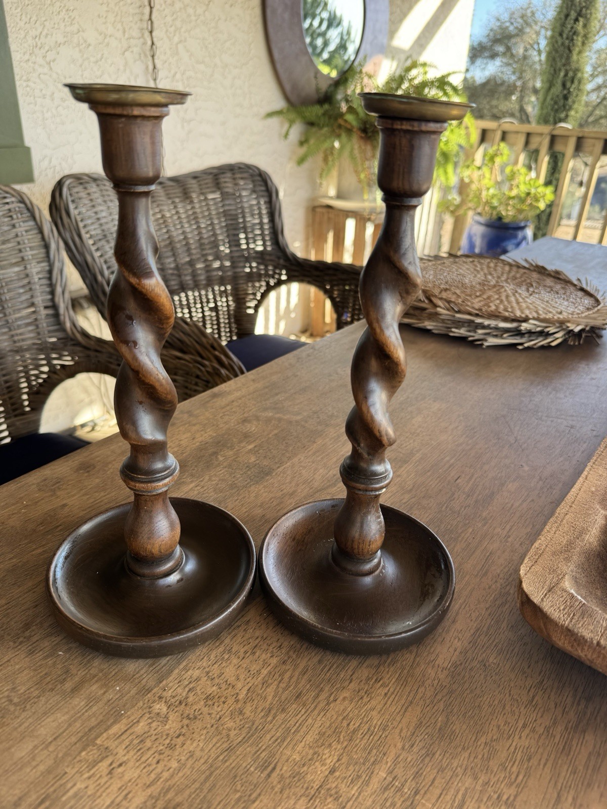 2 Vintage Antique English Oak Barley Twist 12