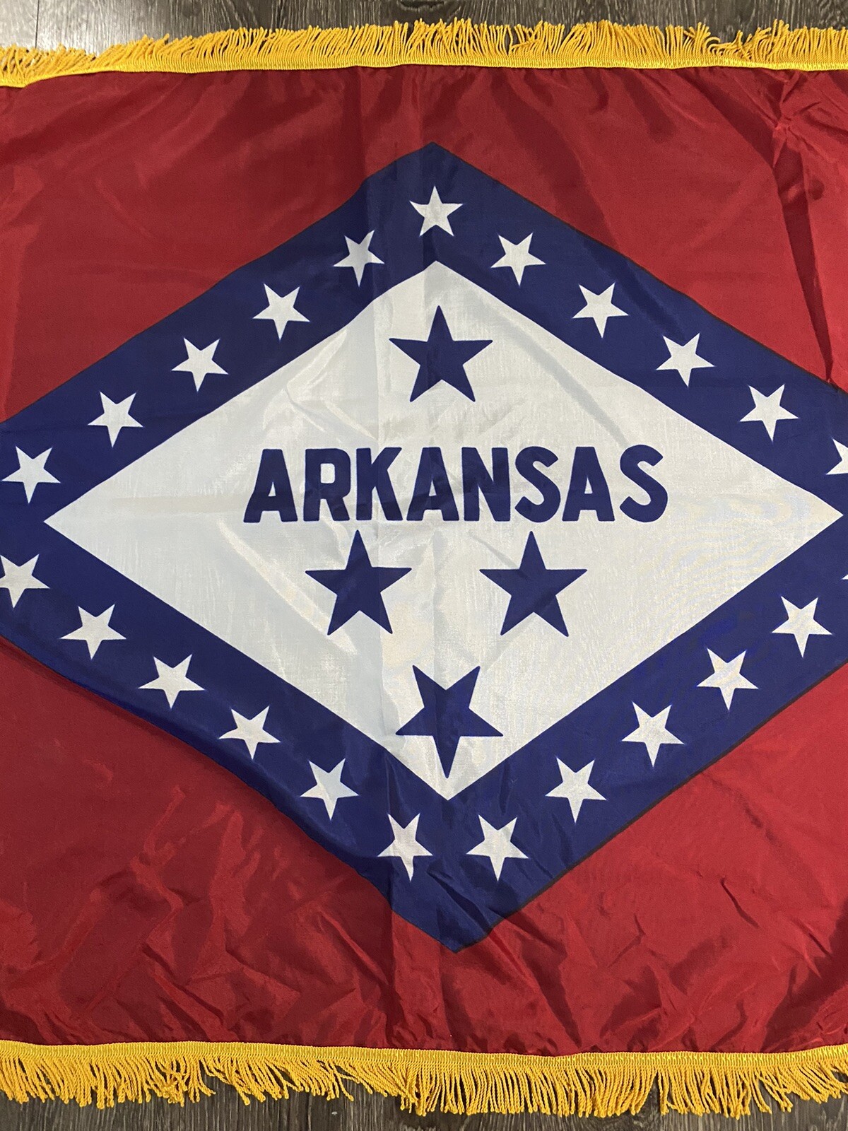 New Arkansas State Flag 3x5 Indoor Hem with Gold Fringe - Made in USA