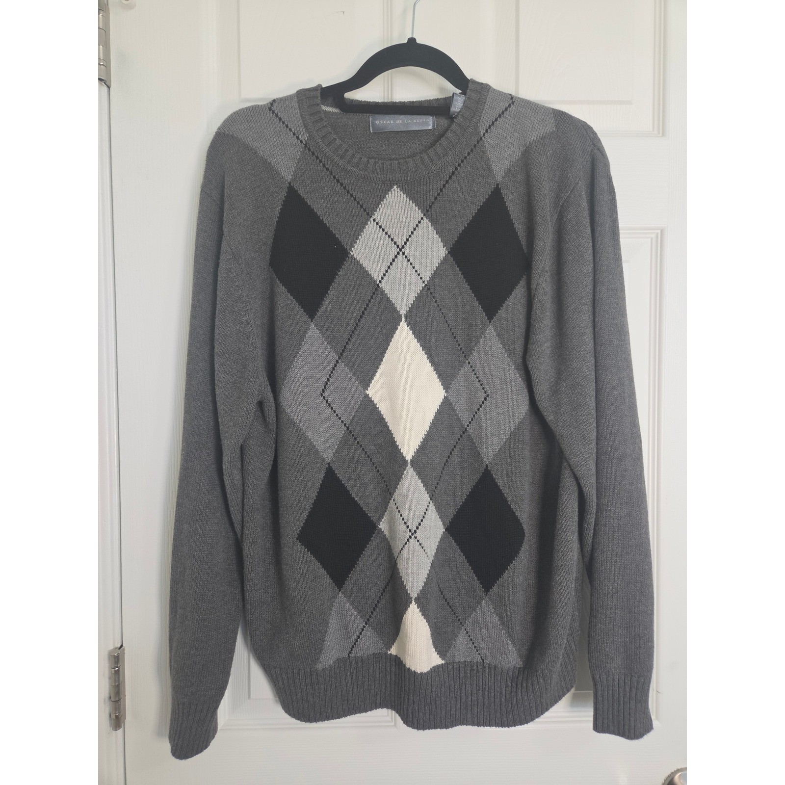 Oscar de la Renta Sweater Mens M Gray Argyle Crewneck Knit Preppy Pullover