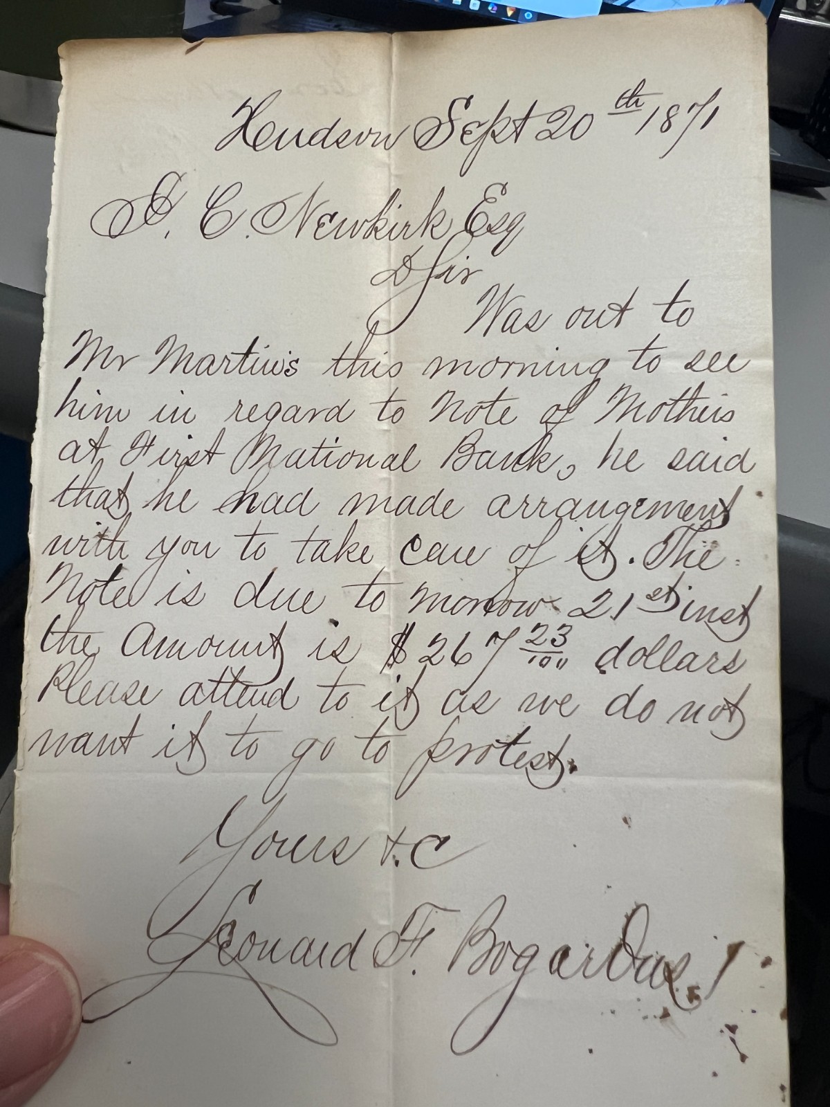 1871 Hudson NY Handwritten Letter Regarding First National Bank Note