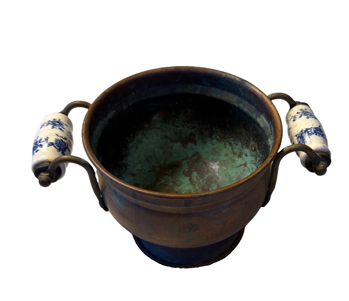 Antique Copper Footed Planter Pot w/Blue & White Delft Porcelain Handles