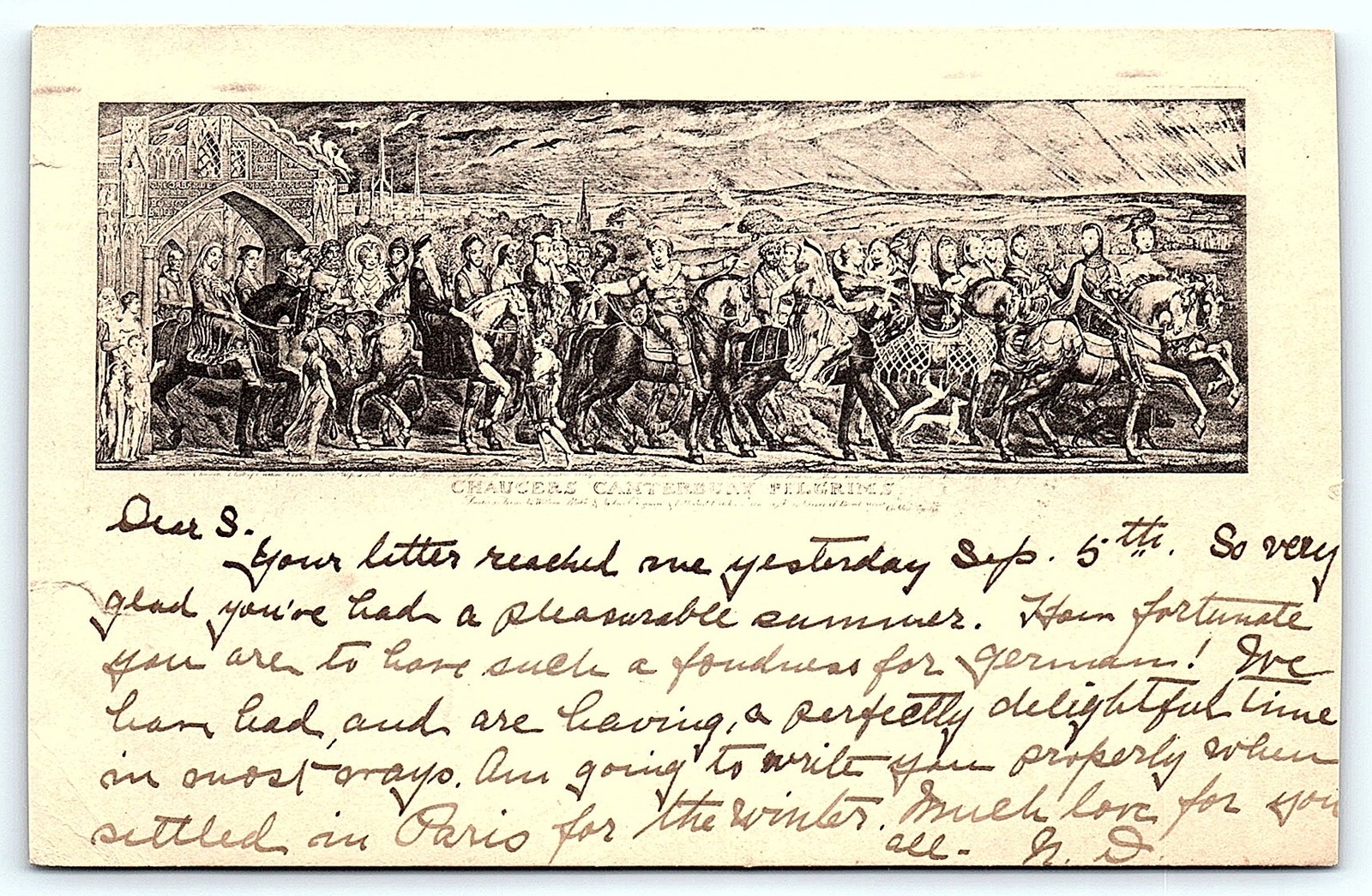 19th C. French postcard, Calais postmark, historical art