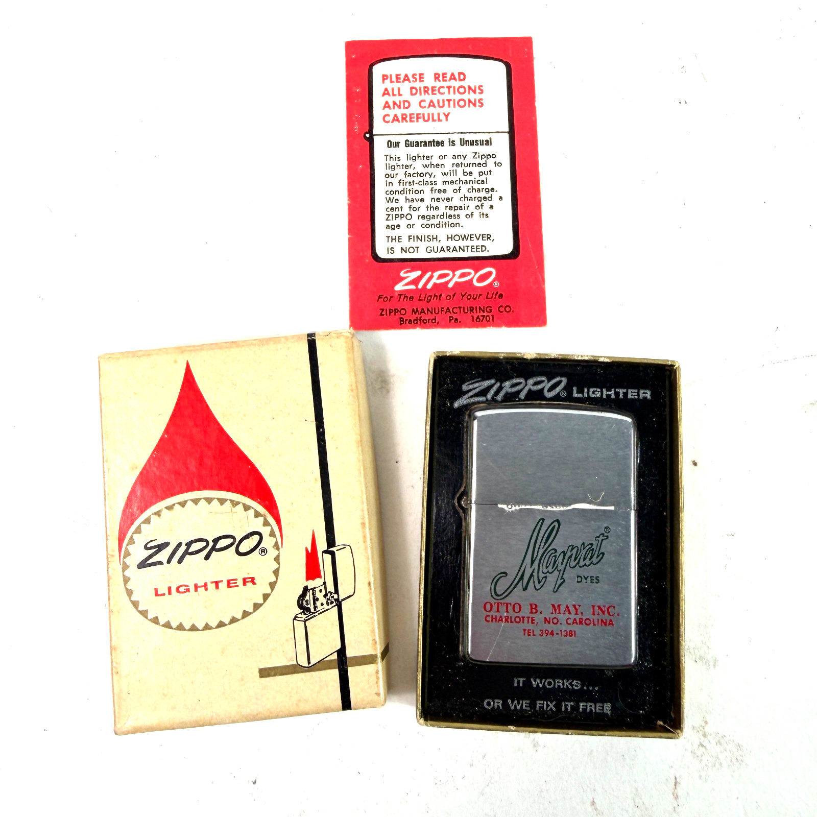 Vintage 60s Zippo Mayrat Dyes Otto B May Advertising Lighter Original Box Papers