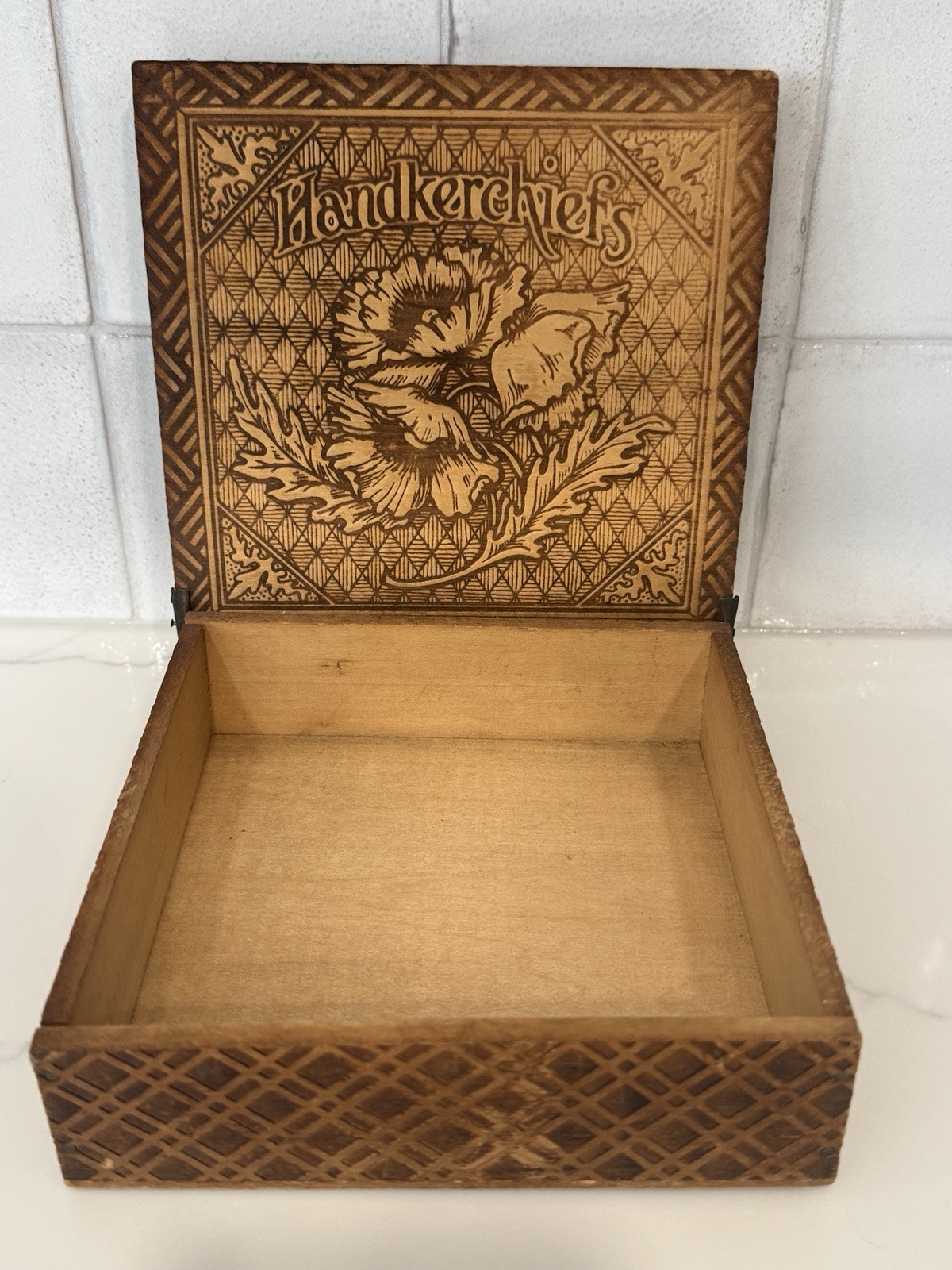 Antique Victorian Square Wooden Pyrography Hinged Handkerchief Box Poppy Floral