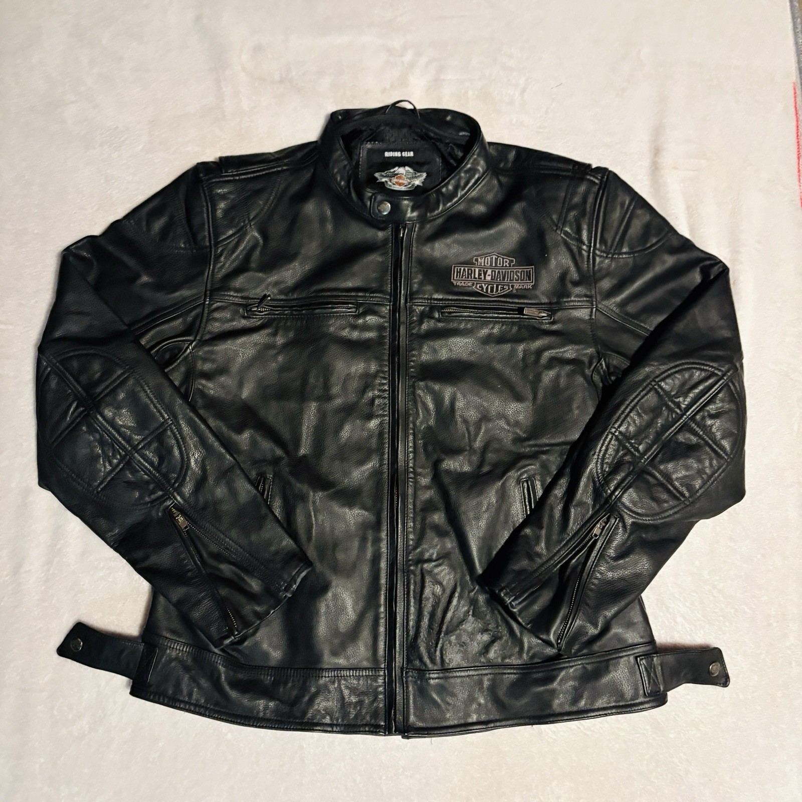 Harley Davidson Genuine Leather Riding Jacket Mens XL Embroidered Padded Black