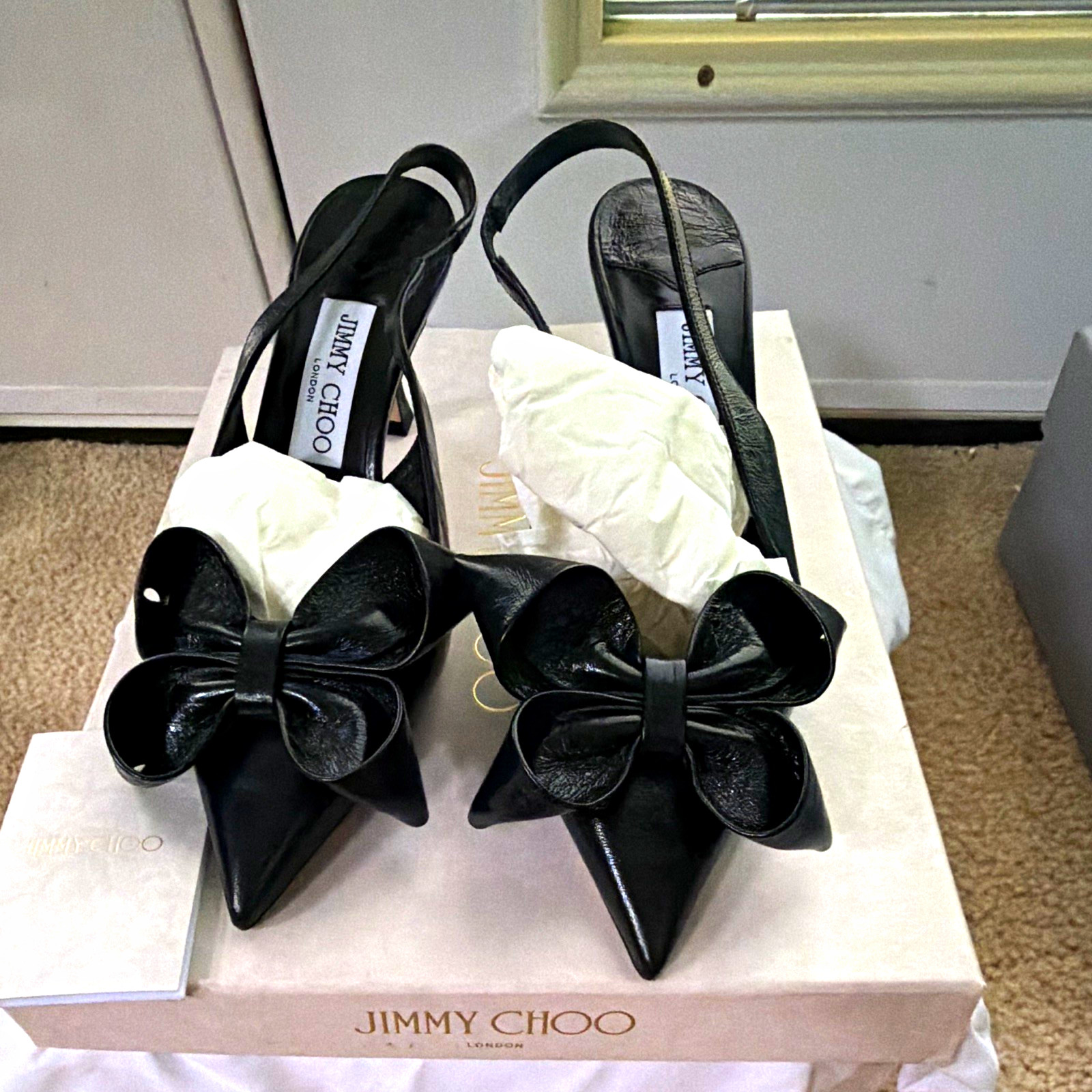 Jimmy Choo Black Leather Pointed Toe Bow Slingback Stiletto Heels US 8 Jimmy Choo Black Leather Pointed Toe Bow Slingback Stiletto Heels US 8