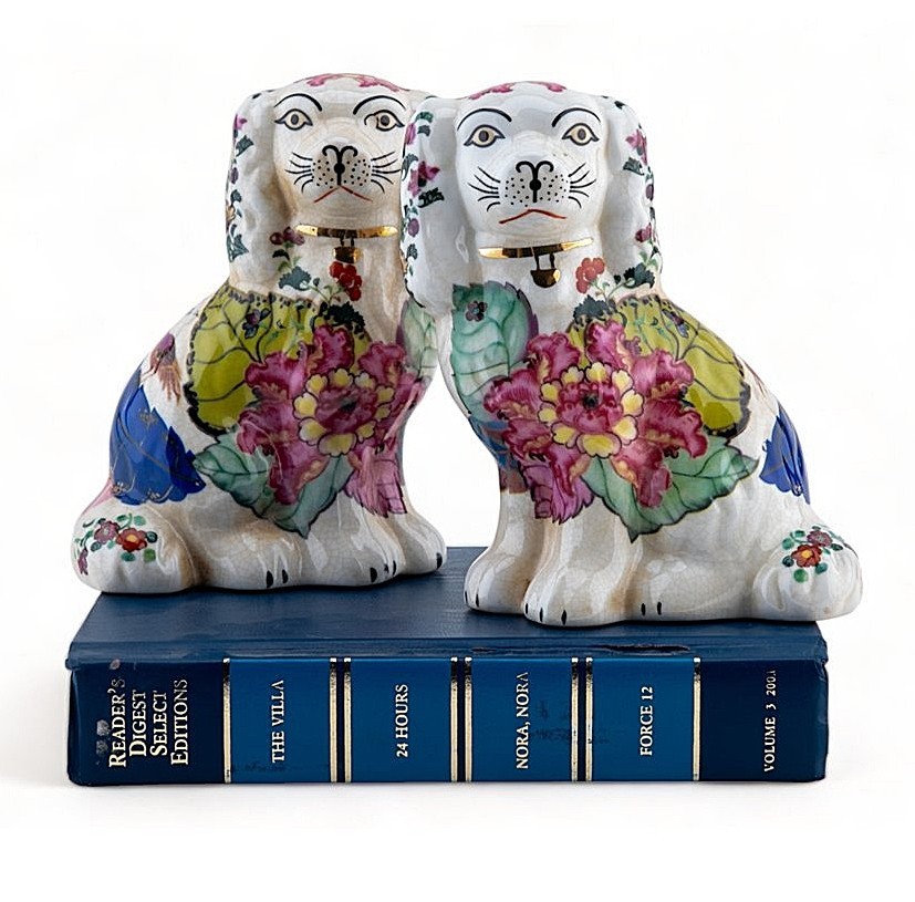 Pair, Porcelain Reproduction Staffordshire Dogs.Hand Painted.Tobacco Leaf-6”H