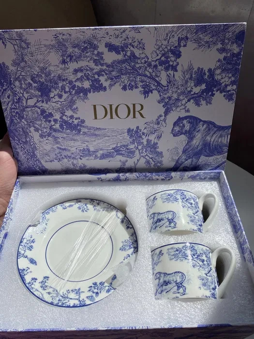 Dior Toile de Jouy Blue Tiger Porcelain Mug Cup Tea Saucer Set for 2 France Box