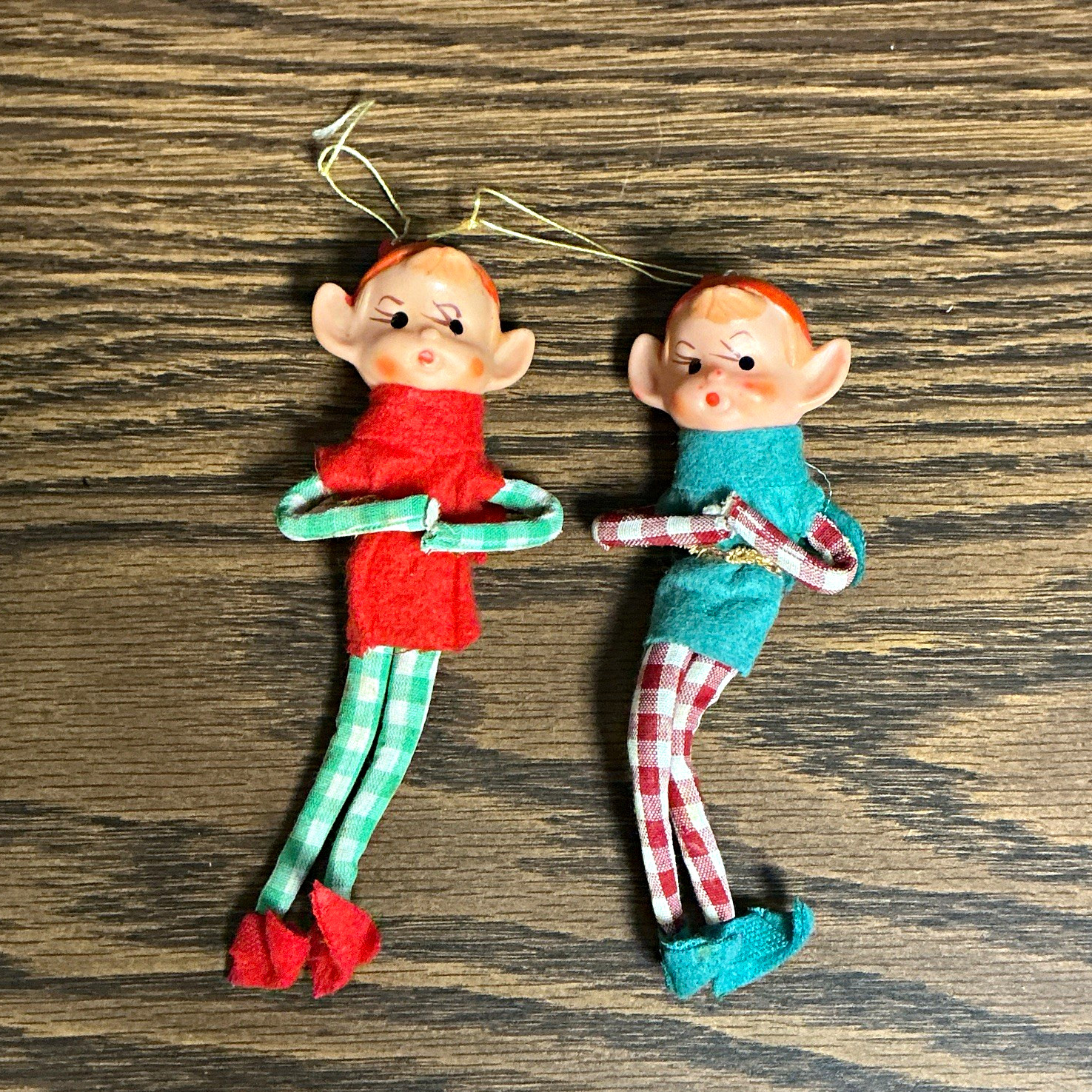 Vintage Japan Elf Pixie Felt Christmas Ornaments Set of 2 Red/Green 5” Hanging