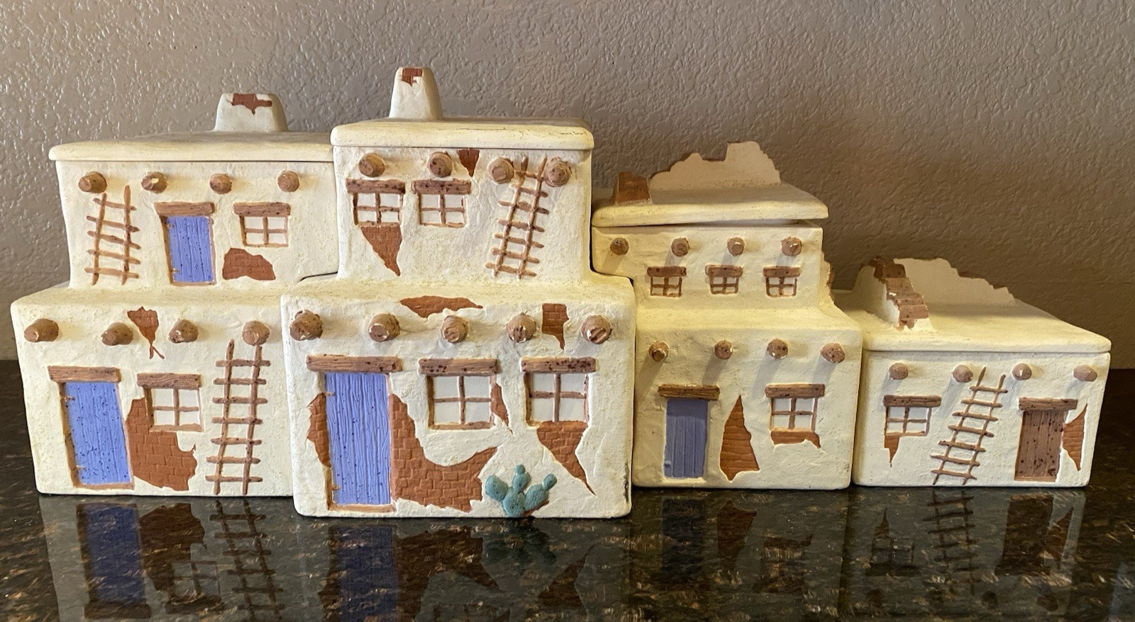 Vintage 4pc Southwestern Pueblo Adobe House Kitchen Ceramic Pottery Canister Set