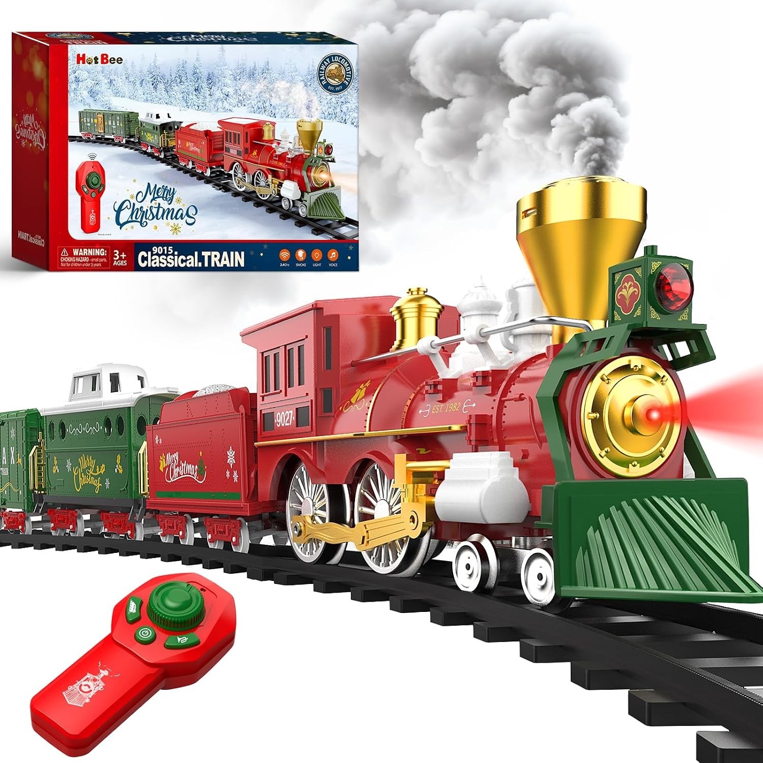 Hot Bee Christmas Train Set with RC Train Toys w/Smoke, Lights & Sound