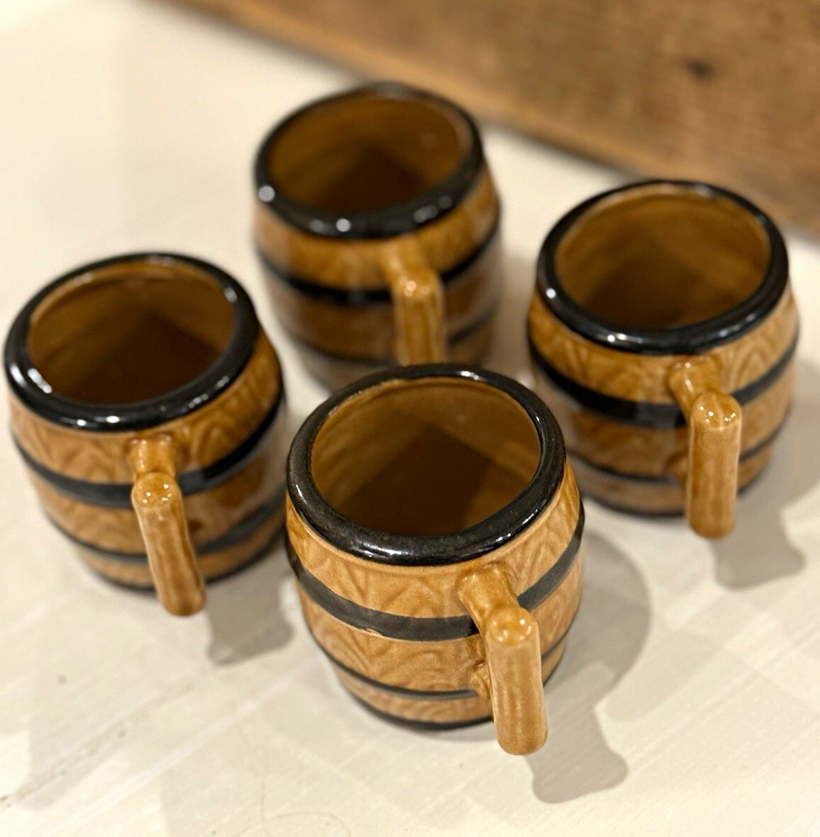 Vintage Mid Century Miniature Barrel Mugs, Set of 4, Barware 1960s Kitsch