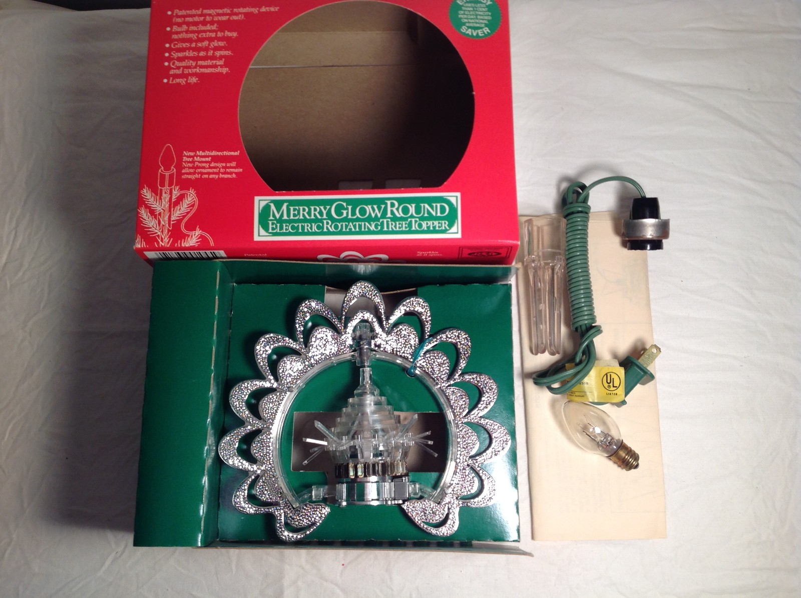 NOS VINTAGE MERRY GLOW ELECTRIC LIGHT UP ROTATING TREE TOPPER MCM SPUTNIK ATOMIC