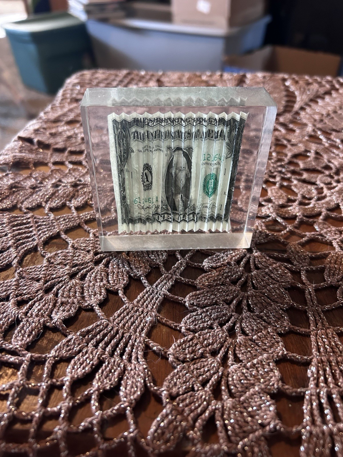 Vintage 1970s The Shrinking Dollar Lucite Paperweight