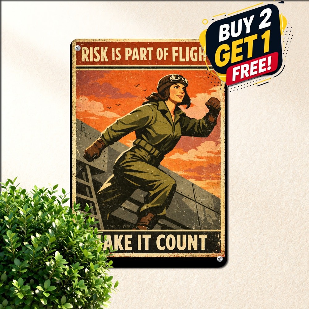 Diagonal Pilot Illustration Female Aviator Poster Quote Vintage Metal Tin Sign