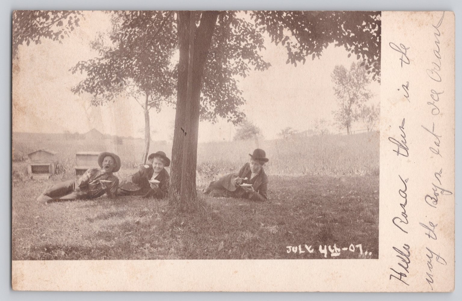 1907 RPPC Boys Eating Ice Cream Under Tree July 4th Vintage Pennsylvania