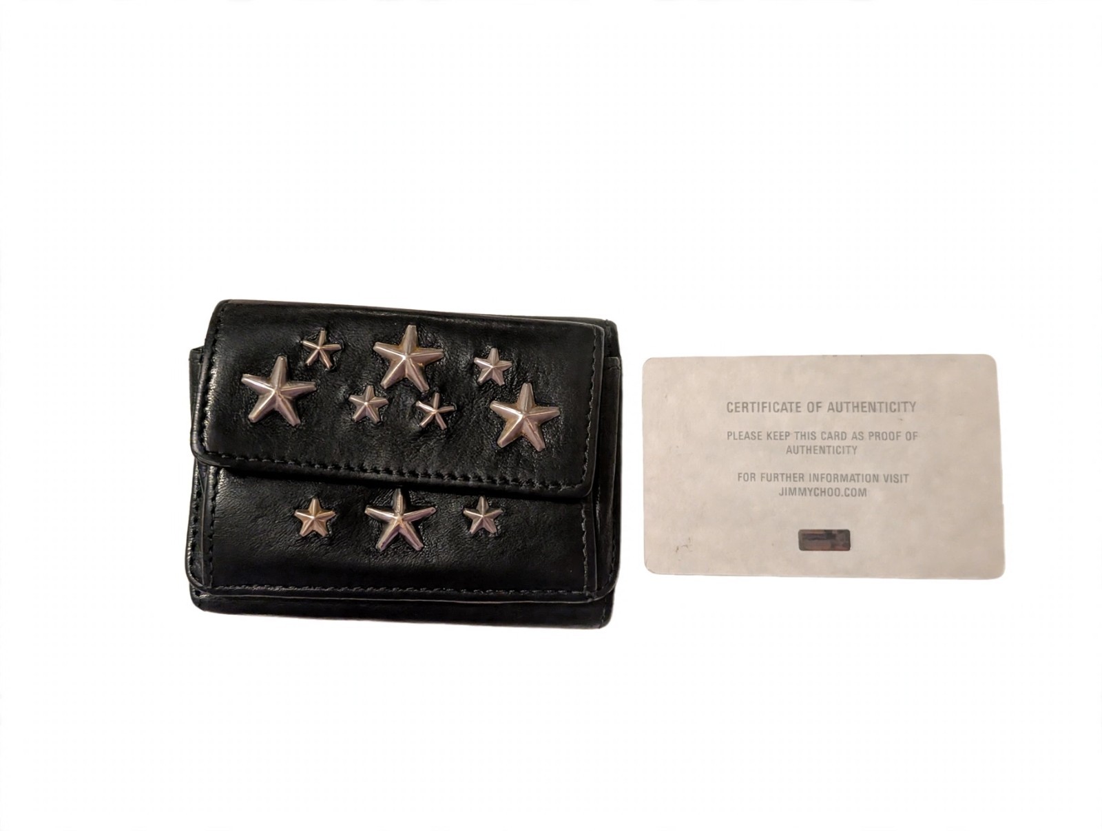 Jimmy Choo Black Leather Star Studded Trifold Wallet With Authentication Card